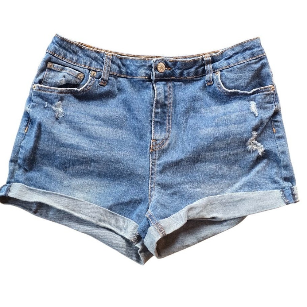 Love Tree Denim Womens Denim Shorts L High Waist Roll Cuff Distressed Beachy Mom